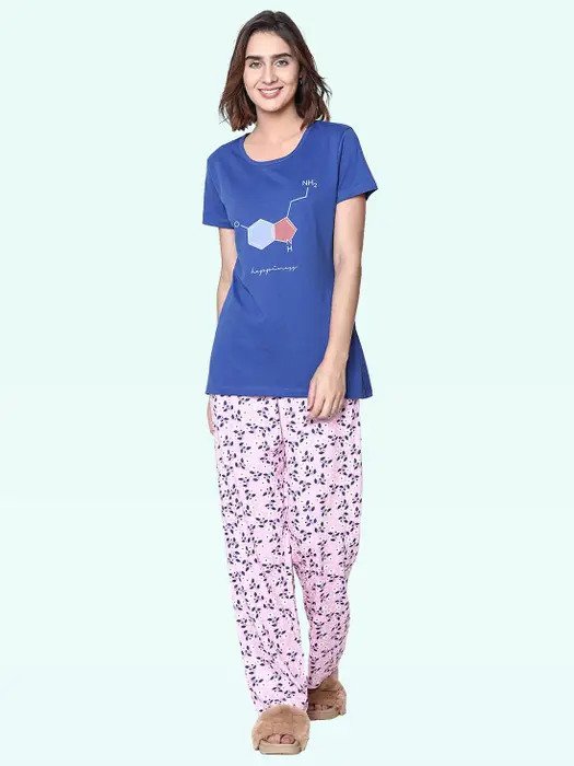 Pink Blue Floral Print Nightwear Pyjama Set