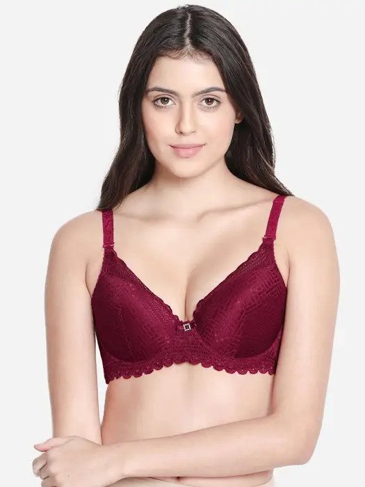 Sangria Red Padded Wired 3/4th Coverage Full Lace Bra