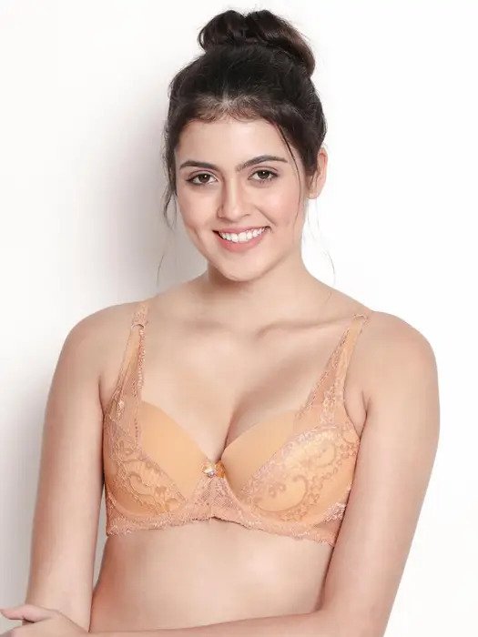 Buff Skin Padded Wired Lace Strap Designer Plunge Bra